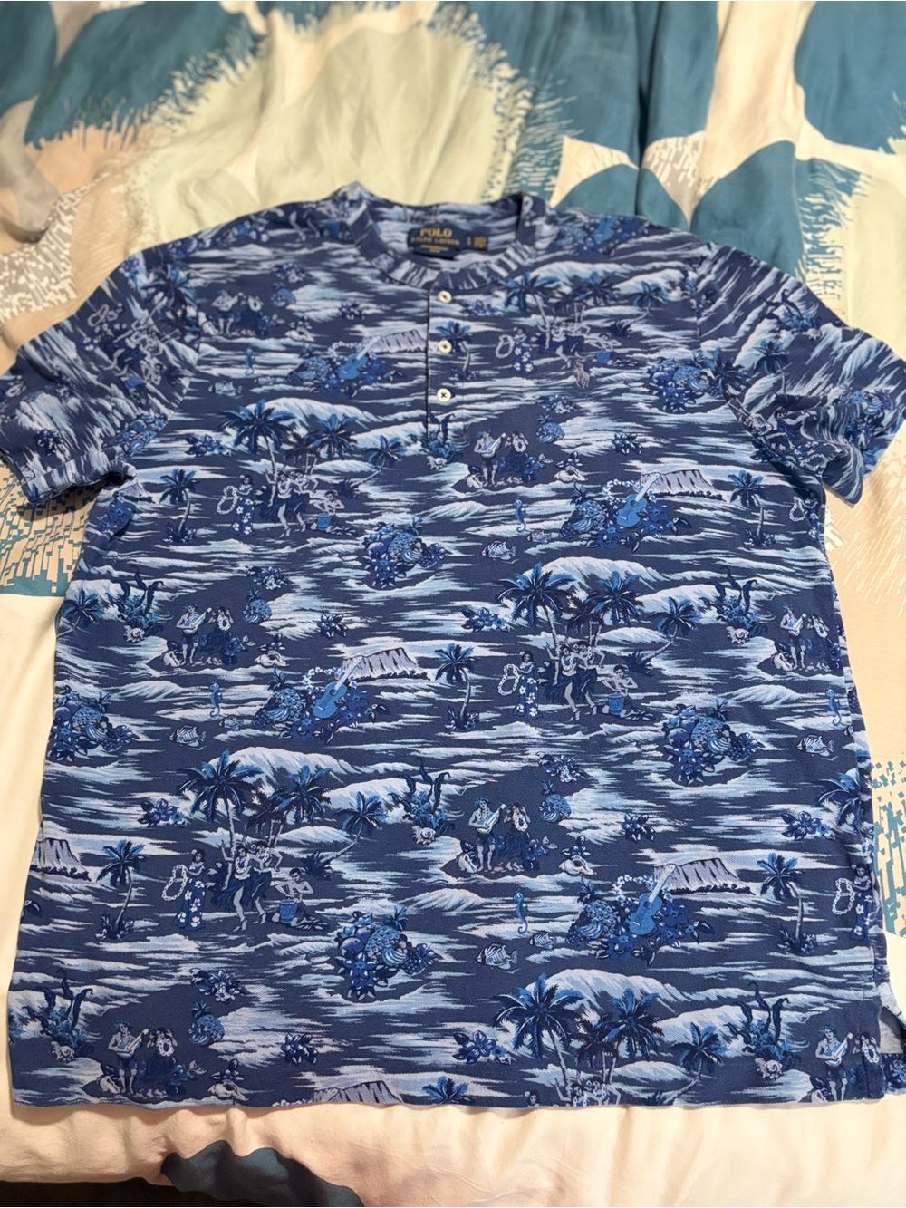 Polo by Ralph Lauren Navy and Light Blue Tropical Henley Polo